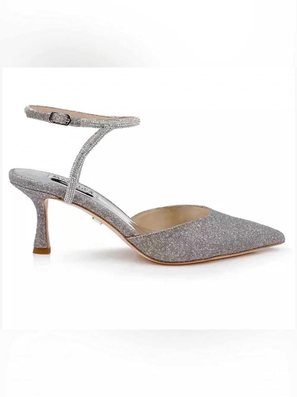 Badgley Mischka Autumn Silver Glitter Pointed Toe Mid-Heel Pump with Ankle Strap